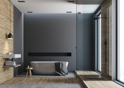 Open plan modern bathroom with timber and dark grey painted walls, freestanding bath and glass shower