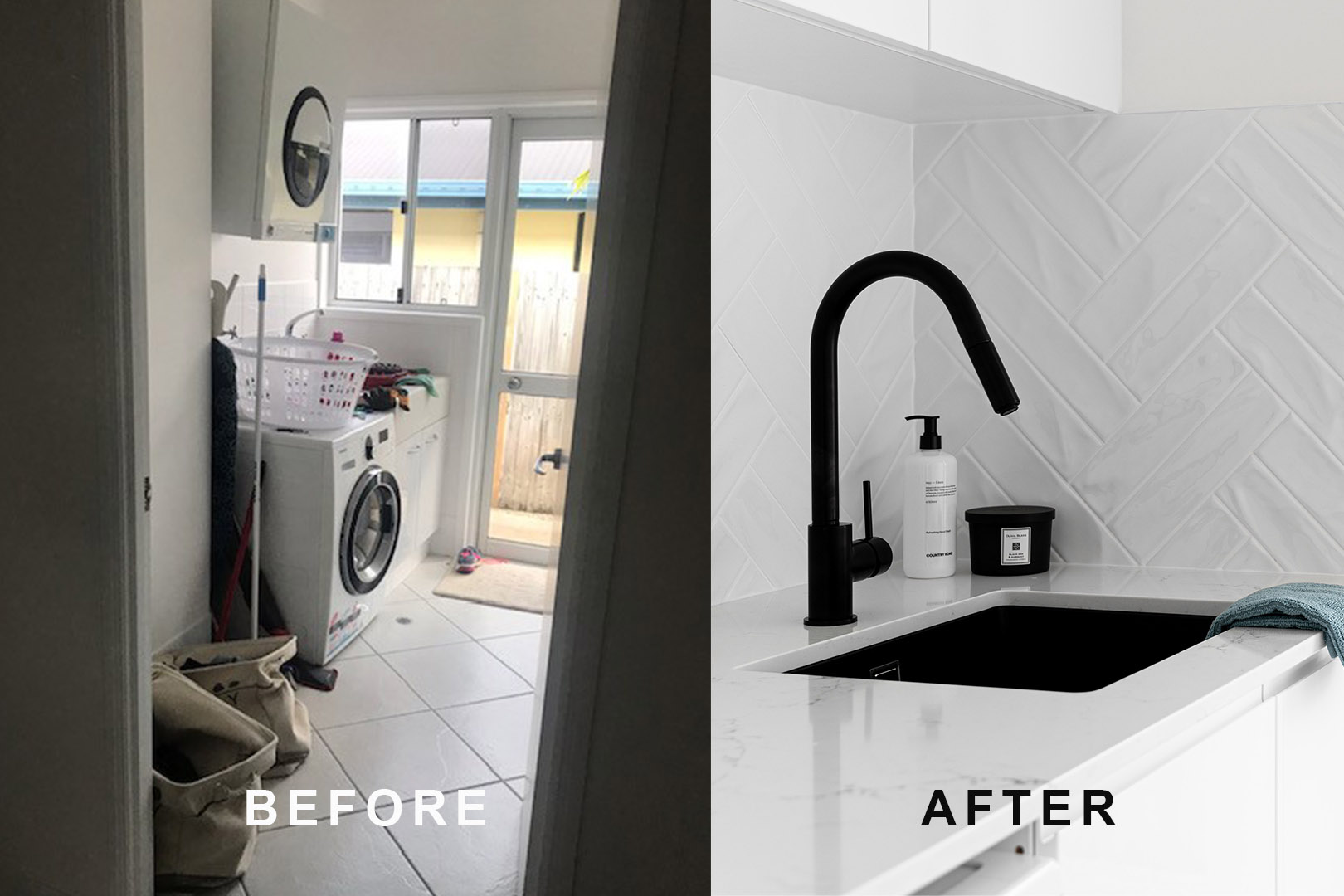 Side by side photos of laundry before and after renovation