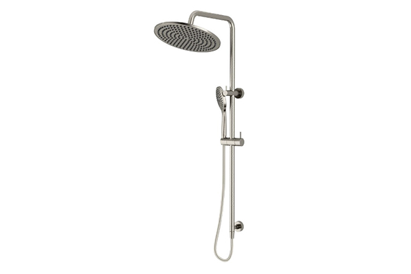 Twin rail shower head in brushed nickel on white background